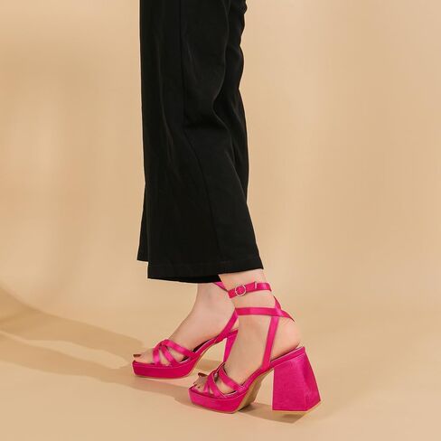 Amoji Women's 4 Inch Platform Chunky Heel Strappy Ankle Strap Block Heeled Sandals 305 in Kuwait