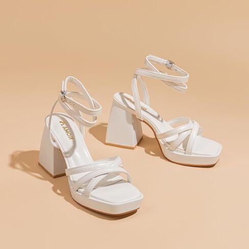 Amoji Women's 4 Inch Platform Chunky Heel Strappy Ankle Strap Block Heeled Sandals 305 in Saudi Arabia