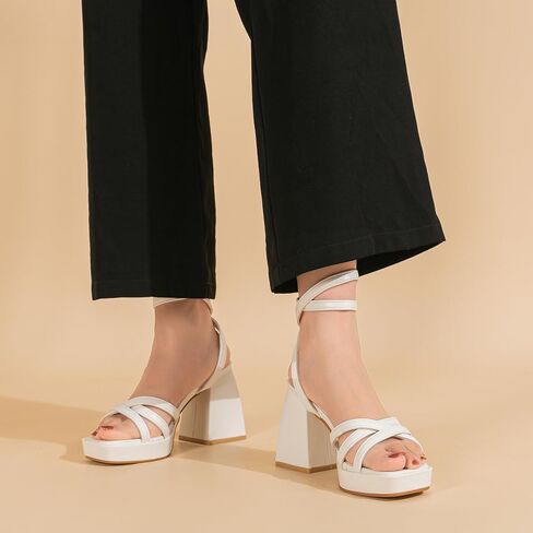 Amoji Women's 4 Inch Platform Chunky Heel Strappy Ankle Strap Block Heeled Sandals 305 in Saudi Arabia