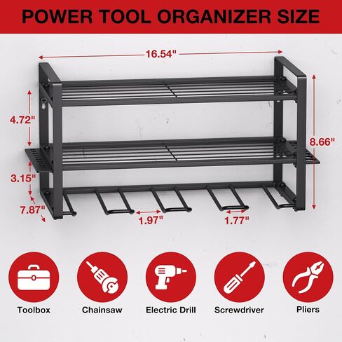 Power Tool Organizer, 8 Drill Holder Wall Mount, Tool Organizer and Storage Rack for Garage Organization, Heavy Duty Metal Tool Organizer and Battery Shelf with Hooks/Screwdriver/Plier/Hammer in Saudi Arabia