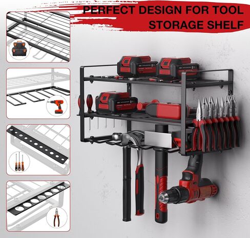 Power Tool Organizer, 8 Drill Holder Wall Mount, Tool Organizer and Storage Rack for Garage Organization, Heavy Duty Metal Tool Organizer and Battery Shelf with Hooks/Screwdriver/Plier/Hammer in Saudi Arabia