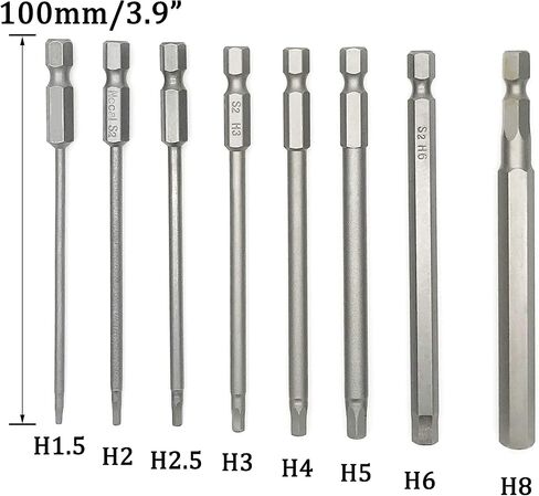 مجموعة لقم مفك براغي سداسية NGe، طول 100 مم، ساق سداسية 1/4 بوصة، سبائك فولاذ S2، طرف مغناطيسي، رأس سداسي، 8 قطع (H1.5 H2 H2.5 H3 H4 H5 H6 H8) in Kuwait