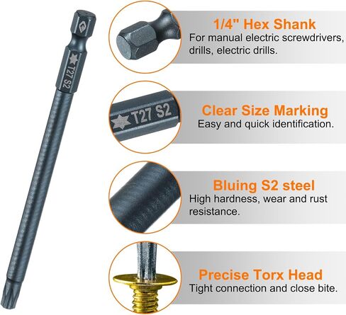 HARFINGTON 3pcs T27 Torx Screwdriver Bit 1/4" Hex Shank 4" Long S2 Steel Magnetic 6 Point Screw Driver Bits Industrial Grade Tamper Proof Star Drill Bits with Hole Torx Head in Saudi Arabia