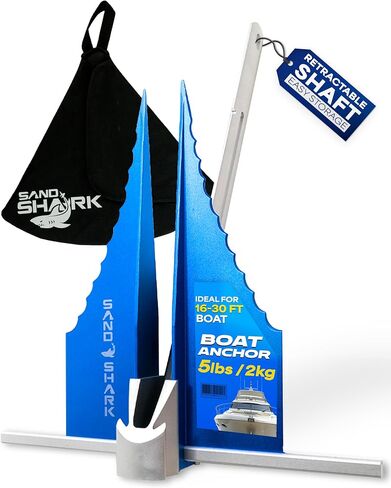مجموعة مرساة SandShark Premium Mini Fluke Jet Ski - PWC، وكاياك ومرساة قارب صغيرة - مثالية للرمل والشاطئ والمياه الضحلة - صغيرة وخفيفة الوزن وسهلة التخزين. 3 رطل. ث/جراب وخط بنجي in Kuwait