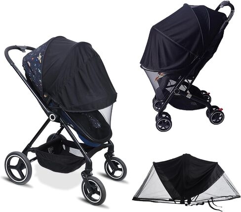 Baby Mosquito Net for Stroller Sun Protection,2 in 1 Baby Stroller Mosquito Net,Adjustable Stroller Mosquito Net Sunshade,Breathable Double Zip Stroller Netting (Black, Upgrade) in Saudi Arabia