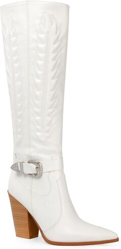 ANN CREEK Women's Cowboy Boots Knee High Cowgirl Boots Mid Calf Embroidered Chunky Western Boots Almond Toe Block Wide Calf Ladies Tall Dress Boots in Saudi Arabia