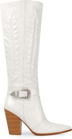 ANN CREEK Women's Cowboy Boots Knee High Cowgirl Boots Mid Calf Embroidered Chunky Western Boots Almond Toe Block Wide Calf Ladies Tall Dress Boots in Saudi Arabia