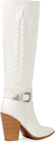 ANN CREEK Women's Cowboy Boots Knee High Cowgirl Boots Mid Calf Embroidered Chunky Western Boots Almond Toe Block Wide Calf Ladies Tall Dress Boots in Saudi Arabia
