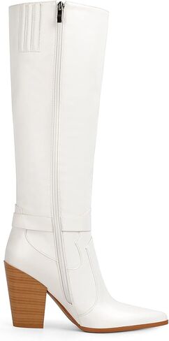 ANN CREEK Women's Cowboy Boots Knee High Cowgirl Boots Mid Calf Embroidered Chunky Western Boots Almond Toe Block Wide Calf Ladies Tall Dress Boots in Saudi Arabia