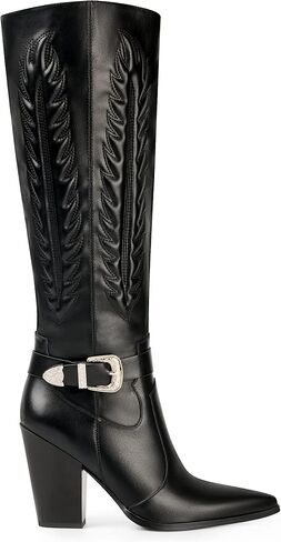 ANN CREEK Women's Cowboy Boots Knee High Cowgirl Boots Mid Calf Embroidered Chunky Western Boots Almond Toe Block Wide Calf Ladies Tall Dress Boots in Saudi Arabia