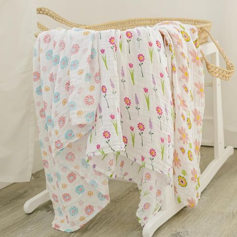 Bamboo Swaddle Blanket - 70% Bamboo, 30% Cotton - 2 Layer Soft & Breathable Muslin Cotton Blanket for Newborn/Infant/Toddler, Perfect for Boys & Girls, 47 x 47 Inches (Pack of 3) in Saudi Arabia