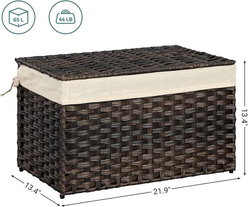 SONGMICS Storage Basket with Lid, 17.2 Gallon (65L) Storage Bin, Woven Blanket Storage Basket with Handles, Foldable, Removable Liner, Metal Frame, for Bedroom, Laundry Room, Brown URST56BR in Kuwait