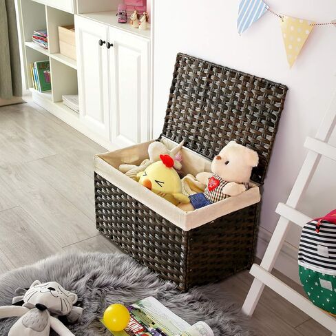 SONGMICS Storage Basket with Lid, 17.2 Gallon (65L) Storage Bin, Woven Blanket Storage Basket with Handles, Foldable, Removable Liner, Metal Frame, for Bedroom, Laundry Room, Brown URST56BR in Kuwait
