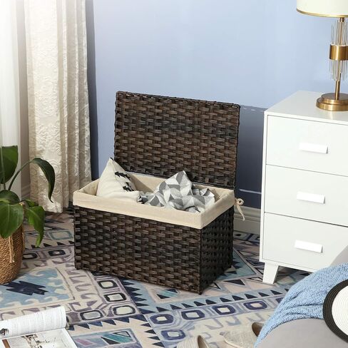 SONGMICS Storage Basket with Lid, 17.2 Gallon (65L) Storage Bin, Woven Blanket Storage Basket with Handles, Foldable, Removable Liner, Metal Frame, for Bedroom, Laundry Room, Brown URST56BR in Kuwait