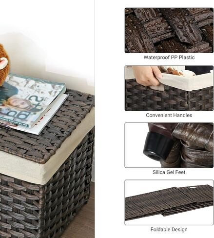 SONGMICS Storage Basket with Lid, 17.2 Gallon (65L) Storage Bin, Woven Blanket Storage Basket with Handles, Foldable, Removable Liner, Metal Frame, for Bedroom, Laundry Room, Brown URST56BR in Kuwait