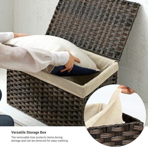 SONGMICS Storage Basket with Lid, 17.2 Gallon (65L) Storage Bin, Woven Blanket Storage Basket with Handles, Foldable, Removable Liner, Metal Frame, for Bedroom, Laundry Room, Brown URST56BR in Kuwait