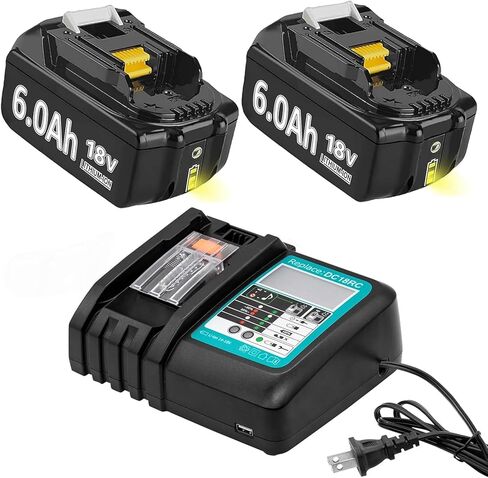 2Packs 6.0Ah Lithium Replacement for Makita 18V Battery and DC18RC Charger Compatible with BL1860 BL1850 BL1845 BL1840 BL1830 BL1820 BL1815 LXT400 194204-1 Cordless Power Tools in Kuwait