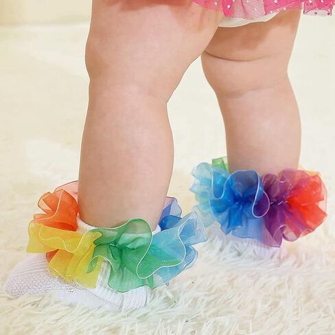 Toddler Girls Socks with Rainbow Lace Ruffle Trim Cotton Baby Socks Frilly Dress Socks for Little Girls in Saudi Arabia