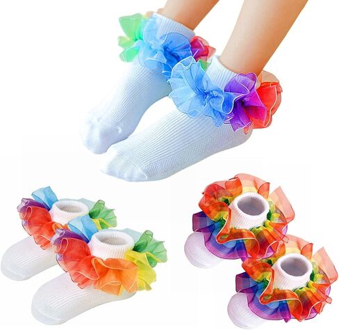 Toddler Girls Socks with Rainbow Lace Ruffle Trim Cotton Baby Socks Frilly Dress Socks for Little Girls in Saudi Arabia