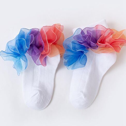 Toddler Girls Socks with Rainbow Lace Ruffle Trim Cotton Baby Socks Frilly Dress Socks for Little Girls in Saudi Arabia