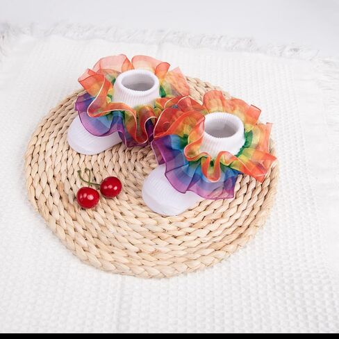 Toddler Girls Socks with Rainbow Lace Ruffle Trim Cotton Baby Socks Frilly Dress Socks for Little Girls in Saudi Arabia