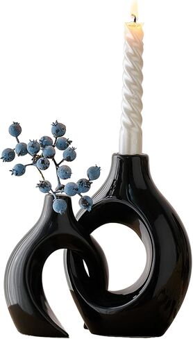 حامل شمعدان AWNR لديكور المنزل: قطعتان من حاملات الشموع السيراميكية السوداء مجموعة شموع مستدقة لقطع مركزية للطاولة ديكورات حديثة لمطبخ غرفة المعيشة in Kuwait