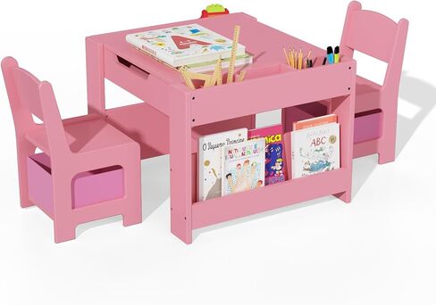 Kids Table and Chair Set, 4 in 1 Wooden Activity Table & 2 Chairs with Storage Drawer Detachable Tabletop for Toddlers Kids Drawing, Reading, Crafts, Art,Homework, Nursery, Playroom in Kuwait