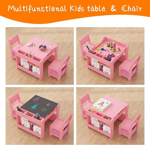 Kids Table and Chair Set, 4 in 1 Wooden Activity Table & 2 Chairs with Storage Drawer Detachable Tabletop for Toddlers Kids Drawing, Reading, Crafts, Art,Homework, Nursery, Playroom in Kuwait