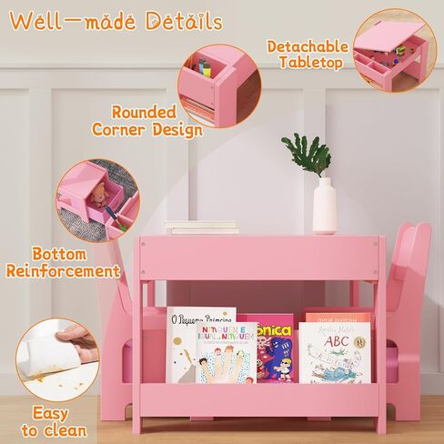 Kids Table and Chair Set, 4 in 1 Wooden Activity Table & 2 Chairs with Storage Drawer Detachable Tabletop for Toddlers Kids Drawing, Reading, Crafts, Art,Homework, Nursery, Playroom in Kuwait