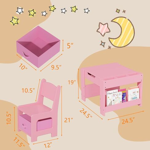 Kids Table and Chair Set, 4 in 1 Wooden Activity Table & 2 Chairs with Storage Drawer Detachable Tabletop for Toddlers Kids Drawing, Reading, Crafts, Art,Homework, Nursery, Playroom in Kuwait