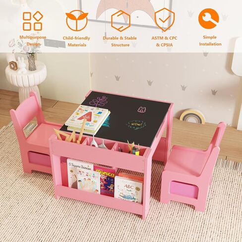 Kids Table and Chair Set, 4 in 1 Wooden Activity Table & 2 Chairs with Storage Drawer Detachable Tabletop for Toddlers Kids Drawing, Reading, Crafts, Art,Homework, Nursery, Playroom in Kuwait