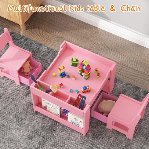 Kids Table and Chair Set, 4 in 1 Wooden Activity Table & 2 Chairs with Storage Drawer Detachable Tabletop for Toddlers Kids Drawing, Reading, Crafts, Art,Homework, Nursery, Playroom in Kuwait