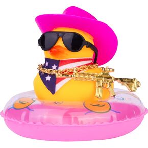 Cowboy Duck Car Dashboard Decoration Car Rubber Duck Decoration Accessories with Mini Swim Ring Cowboy Hat Scarf Necklace and Sunglasses(US Flag-Pink&White)
