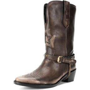 Western Cowgirl Boots Pointed Toe Mid Wide Calf Western Riding Boots for Women Embroidered Stitched Chunky Low Heel Pull On Buckle Chain Cowboy Boots M929-Z-8