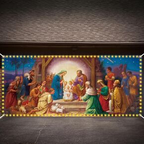 Tatuo 7' x 16' Christmas Nativity Garage Door Banner Cover with LED Light Nativity Garage Door Banner Christmas Backdrop Decoration for Nativity Scene Cover Outdoor Christmas Holiday Party