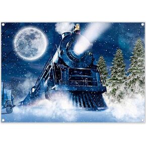 Fabric 7x5ft Winter Train Photography Backdrop Christmas Snowy Moon Night Pine Tree Railway Background Kids Adult Party Decorations Photo Banner Props