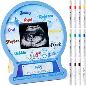B1ykin Arctic Animal Guest Book Frame - Winter Polar Animal Snow Globe Baby Shower Sonogram Wooden Frame with 12 Markers, Signature Ultrasound Picture Frame Pregnancy Gift for Gender Reveal Keepsake
