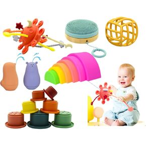 POPKIDS Baby Bath Toy Set (7 Pieces) - Bath Bird Bear, Bath Brush, Stacking Tower, Sensory Toy, Cooling Toy, Summer Toy, Montessori Toys for Baby 6 to 12 Months, Boys and Girls 1-3, 3-6 Years