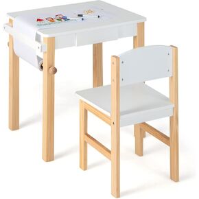 Costzon Kids Table and Chair Set, Kids Art Table with Paper Roll, Drawer, 2 Marker Pens, Wooden Activity Table, Toddler Table and Chair Set for Playroom, Nursery, Gift for Boys Girls