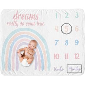 Sweet Jojo Designs Pastel Rainbow Girl Milestone Blanket Monthly Newborn First Year Growth Mat Baby Shower Memory Keepsake Gift Picture - Blush Pink Purple Teal Blue and White Watercolor Dreams