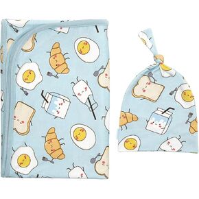 Newborn Baby Swaddle Blanket with Hat Set-Viscose Made from Bamboo,Baby Boys Receiving Blanket Girls Wearable Wrap Blanket Blue Car One Size