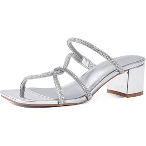 Shoe'N Tale Strappy Heels for Women Low Block Heeled Sandals Square Toe Slip On Slide Shoes