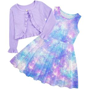 Toddler Girl Sleeveless Dresses and Long Sleeve Ruffle Cardigan 2 Piece Fall Outfits for 2-7T
