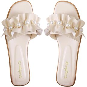 SweatyRocks Women's PU Leather Pearls Decor Flat Sandals Ruffle Open Toe Slide Sandals
