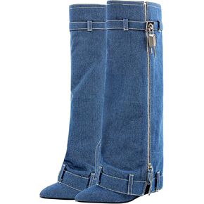 richealnini Women's Denim Western Boots Fold Over Calf Knee High Boots with Padlock Zip Up Stretchy Cowboy Boots