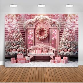 Mocsicka 7x5ft Pink Christmas Backdrop for Photography Pink Christmas Trees and Window Winter Wonderland Snow Scene Xmas Party Decorations Background