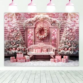 Mocsicka 7x5ft Pink Christmas Backdrop for Photography Pink Christmas Trees and Window Winter Wonderland Snow Scene Xmas Party Decorations Background