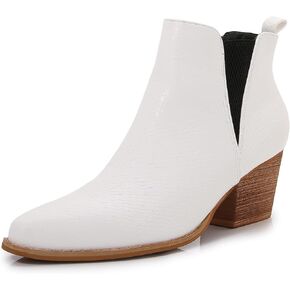 MM Women's Pointed Toe Mid Heels Chelsea Ankle Boots, Slip On Elastic Chunky Block Wooden Heel Short Western Booties for Ladies, Fall, Black, Brown, Snake White