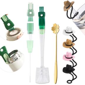 6 Pack Bottle Brush Set, 5-in-1 Water Bottle Cleaner Brush 4 Cute Cowboy Hat Straw Cover Caps and Gold Spoon Removable Nipple Brush Detail Brush for Cup Lid Gap