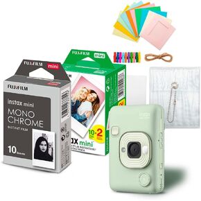 Fujifilm Instax Mini LiPlay Hybrid Instant Camera and Smartphone Printer (Matcha Green) Bundle with Instax Mini Twin Film Pack (20 Exposures), Instax Mini Monochrome Film, and Accessory Kit (4 Items)